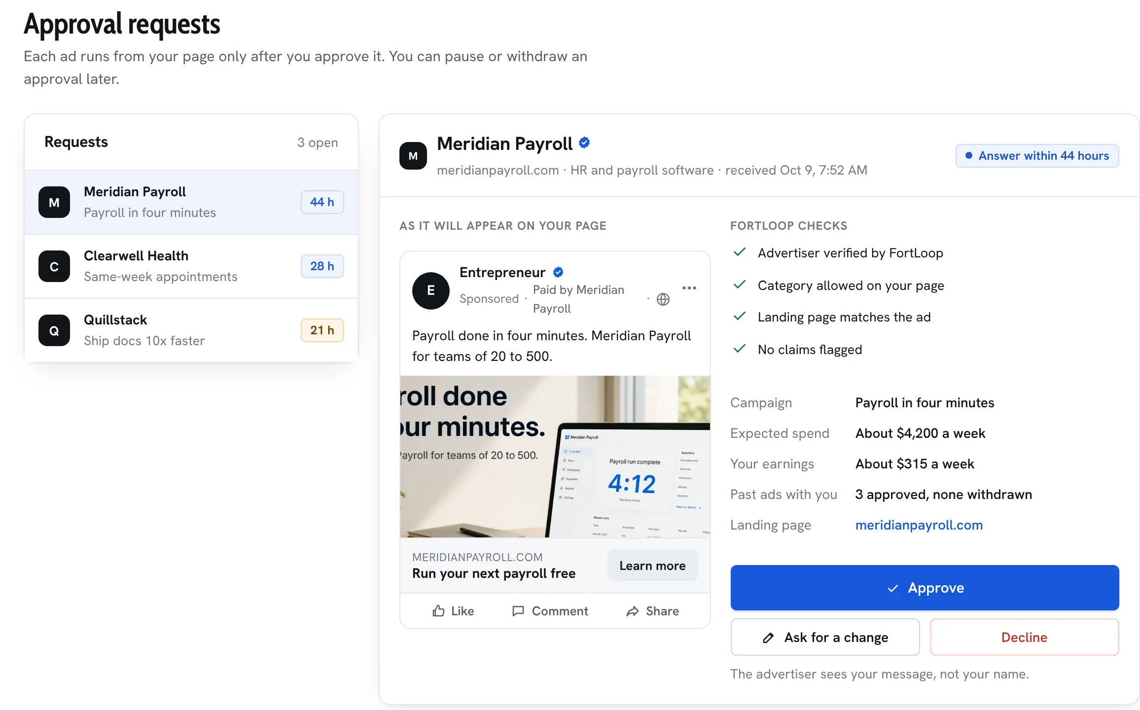 An approval request in the publisher portal: the ad as it will appear on the publisher's page, the FortLoop checks and the approve, change or decline buttons.